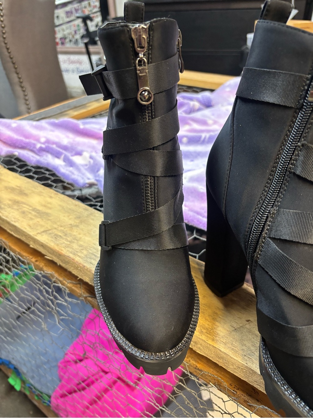 Women's Black Chunky Heel Ankle Boots with Buckle Straps - Picture 5 of 8